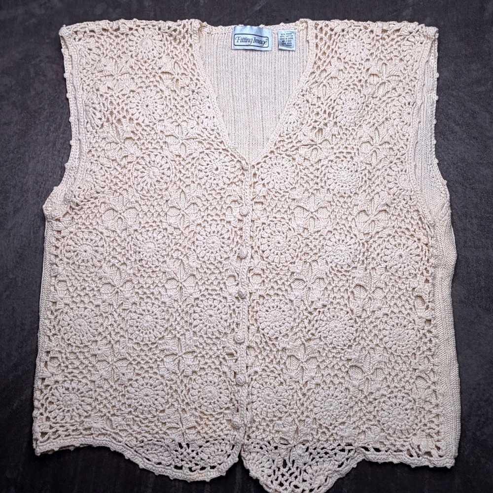 Vtg 90s Fitting Image Sweater Vest Women 18/20 Cream Crochet Button Ramie Cotton